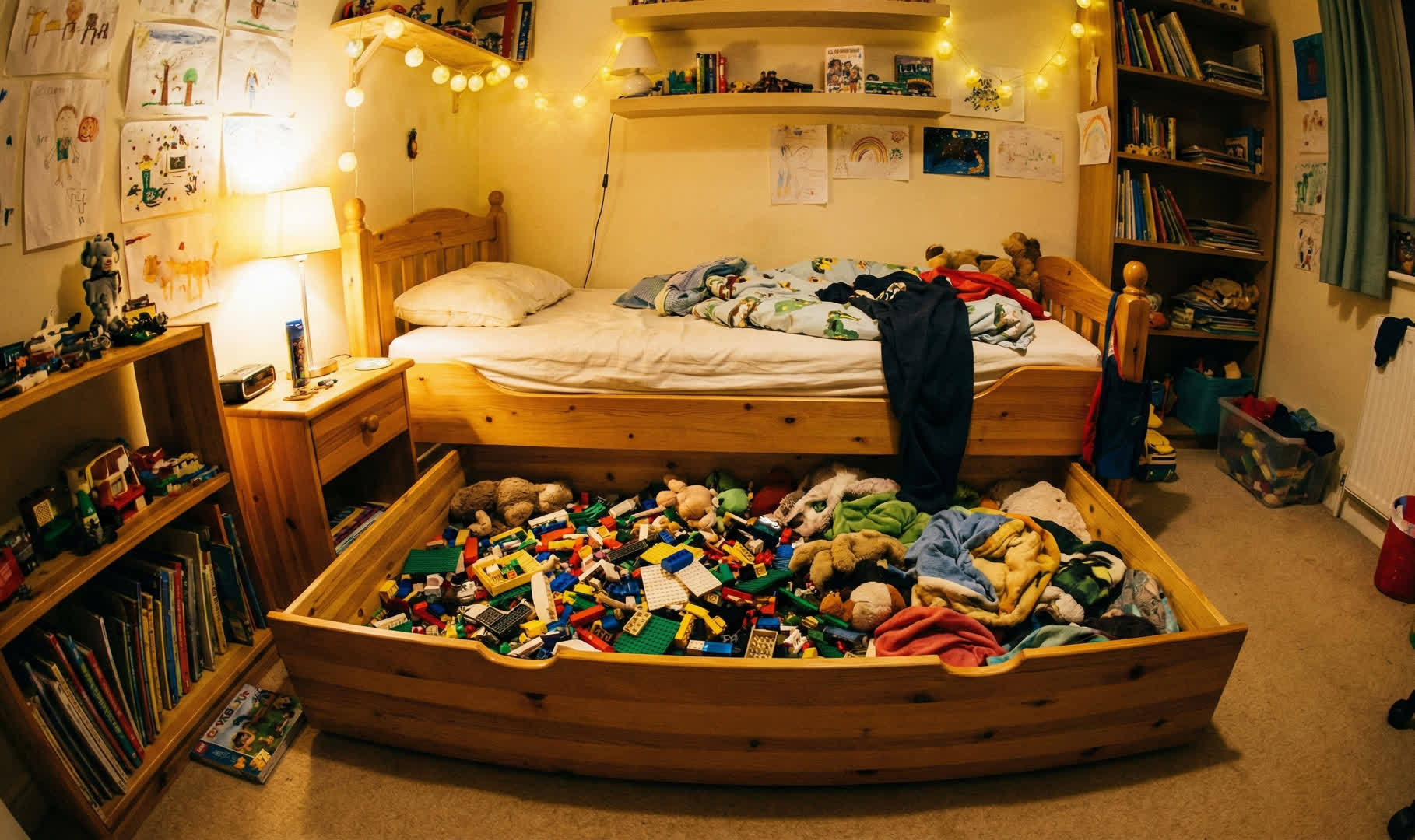 Pojedyncze łóżko drewniane z szeroko wysuniętą szufladą wypełnioną klockami w przytulnym, małym pokoju